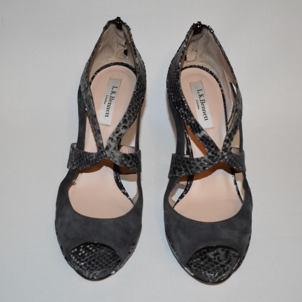 Grey suede and snake print leather sandals.